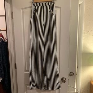 Black and white striped polyester straight fit slacks with pockets